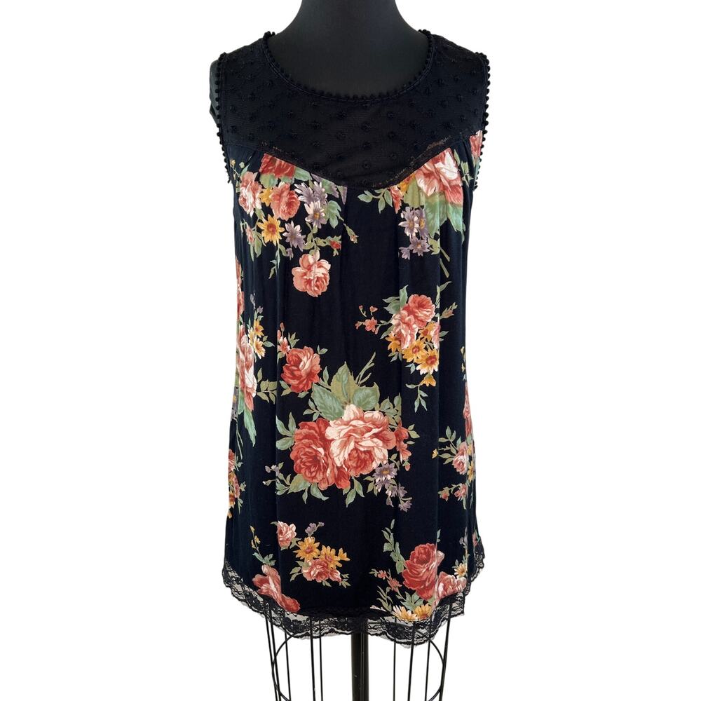 Angie Rose Print Sleeveless Embroidered Mesh Yoke Lace Trim Black Tunic Sz S
